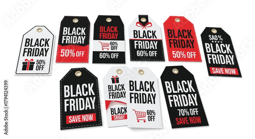 Collection of Black Friday sale tags various discount percentages and designs retail promotions and advertising campaigns