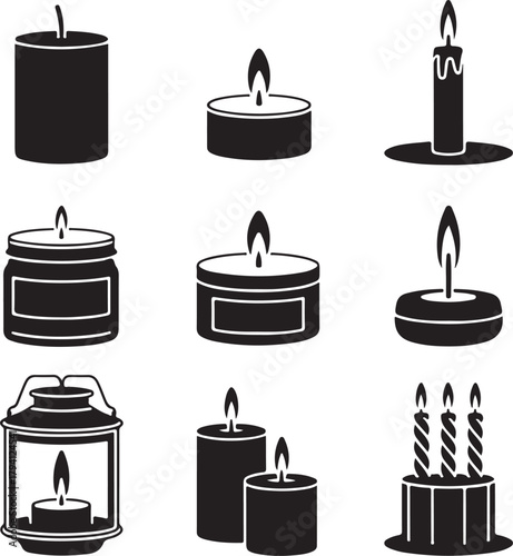 Black and White Silhouette Vector Set of  Different Candles Pillar Candle Tealight