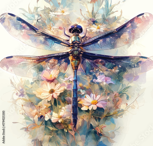 Dragonfly's Serenade in Bloom: A dragonfly with delicate wings and vibrant colors rests amidst a bouquet of wildflowers.