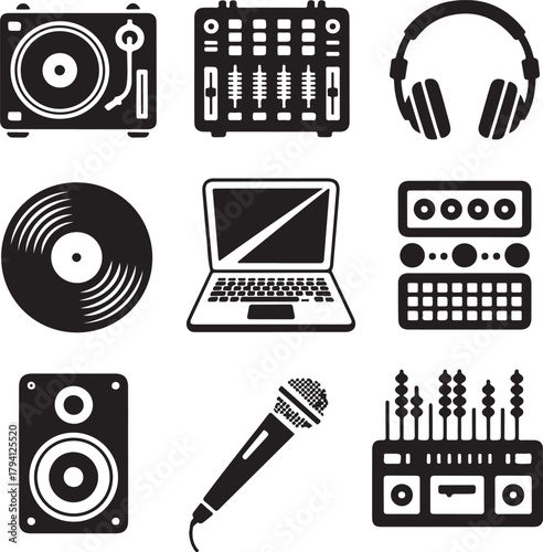 Black and White Silhouette Vector Set of 9 DJ Objects Turntable Mixer Headphones Vinyl Record Laptop Speaker Fader Mic Equalizer