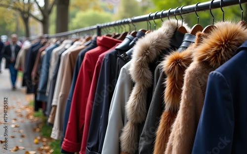 flea market in the public park and the coats and furs and other used clothes in the vintage clothing stall. High quality