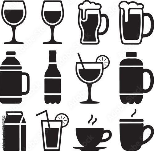 Black and White Silhouette Vector Set of 9 Drink Related Objects Water Glass Wine Glass Beer Mug Cocktail Glass Bottle Thermos Juice Carton Teacup Coffee Mug