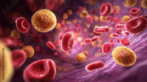 High-density lipoprotein (HDL) particles, blood cells containing good cholesterol, 3D illustration.