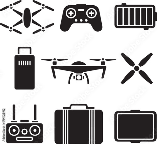 Black and White Silhouette Vector Set of 9 Drone Related Objects Drone Controller Battery Propeller Charger Remote Camera Case Tablet
