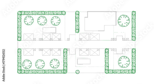 Architectural site plan showing a residential or commercial layout with multiple buildings, parking areas, and extensive landscaping featuring trees and hedges.