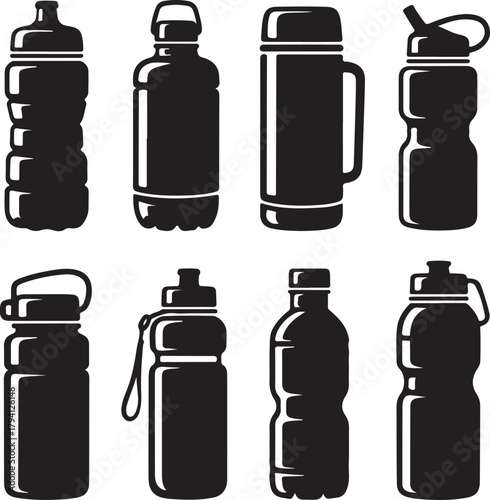 Black and White Silhouette Vector Set of 9 Water Bottle Designs Plastic Sports Bottle Metal Flask Travel Thermos Sipper Bottle Flat Water Container Hiking Bottle with Hook Glass Bottle Reusable Bottle