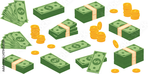 Detailed Vector Collection of Cash Money, Featuring Stacks of Dollar Banknotes and Piles of Gold Coins, Representing Wealth, Finance, Business, and Economy Concepts