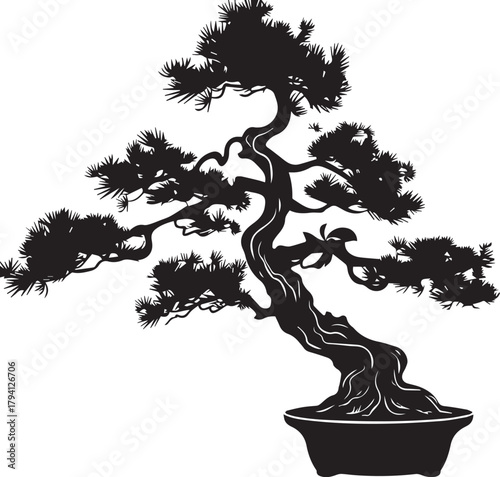 Tranquil Bonsai Silhouette: A graceful bonsai tree, its intricate form sculpted over time, exudes a sense of serenity and timelessness, representing the art of patience and the beauty of nature.