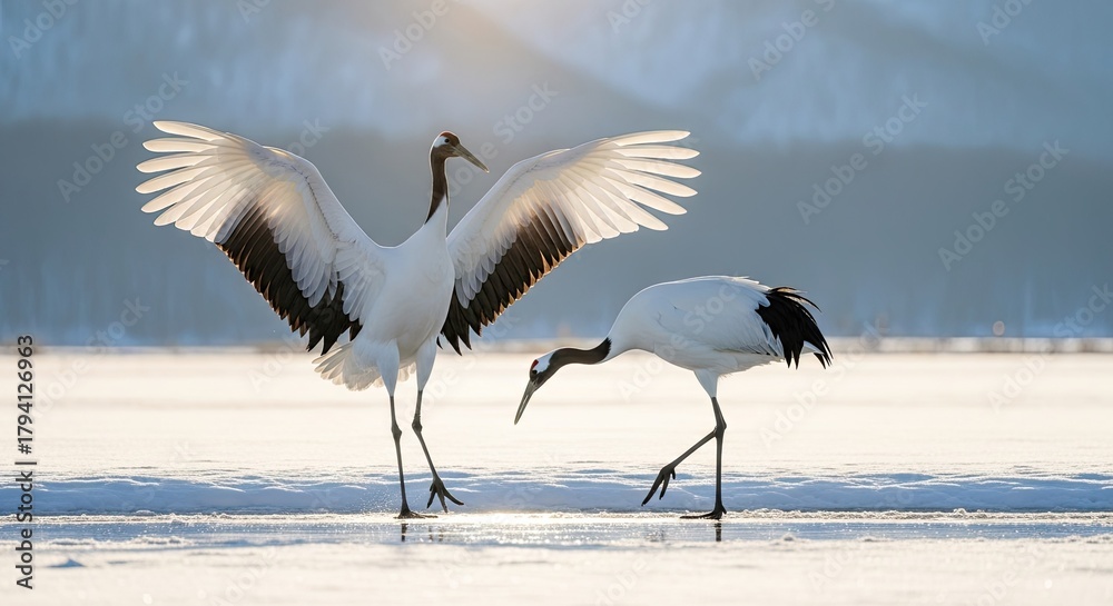 Obraz premium Graceful red-crowned cranes dance on the frozen landscape of Hokkaido Japan during winter season