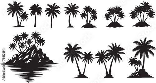 Minimalist tropical palm tree and island silhouettes arranged in two rows with varied shapes, rocky islets, and brushed water reflections.