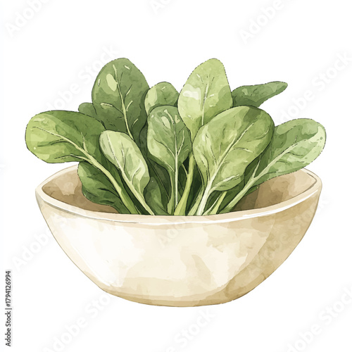 Fresh green spinach leaves in a beige bowl ready to eat for a healthy meal.