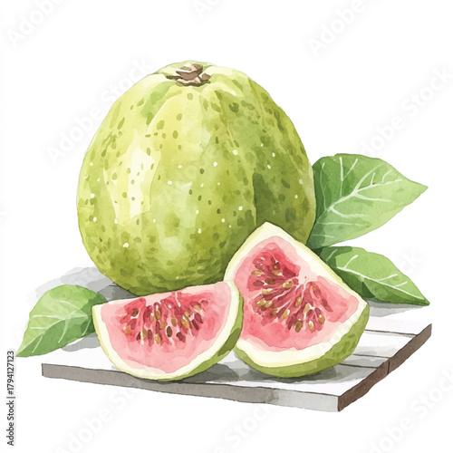 Fresh guava fruit with pink flesh and green skin.