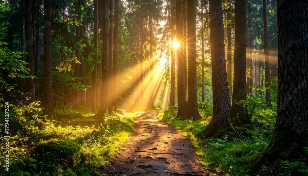 Obraz premium A sunlit path winds through a dense forest, dappled with sunlight. Tall trees create shade. Beams of light pierce through, illuminating the scene