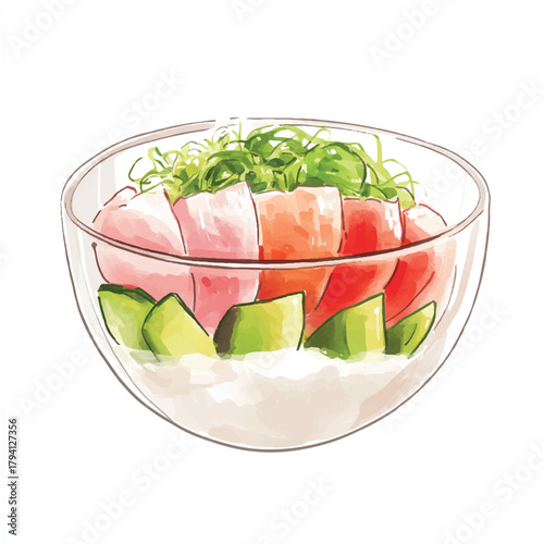 Fresh poke bowl with raw fish and avocado in a glass bowl.