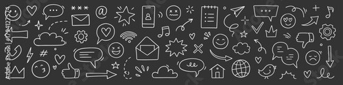 Emoji internet sketch icon set. Internet conversation, media outline tech emoji, star, arrow shape. Hand drawn sketch chat emoticon reaction, cloud, smile face on chalkboard. Vector illustration