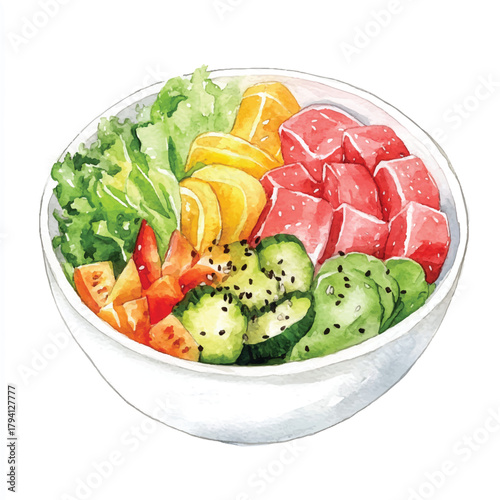 Fresh Tuna Poke Bowl with Avocado and Vegetables.