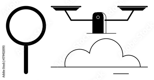 Magnifying glass for analysis, balanced scales for justice, and cloud for technology. Ideal for legal services, research, cloud computing, fairness, investigation, transparency simple flat metaphor