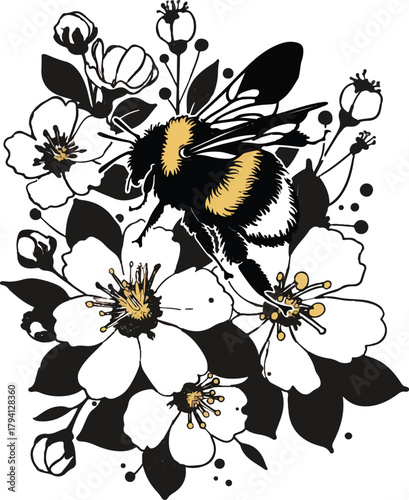 Buzzing Through Blossoms: A detailed illustration captures the intricate beauty of a bee, delicately pollinating among a cluster of pristine white flowers, showcasing nature's artistry.