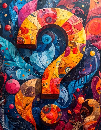 A vibrant, abstract artwork of a question mark in the center. The background is filled with colorful, swirling patterns