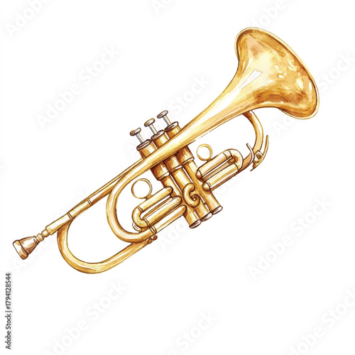 Golden trumpet instrument isolated on white background musical equipment.