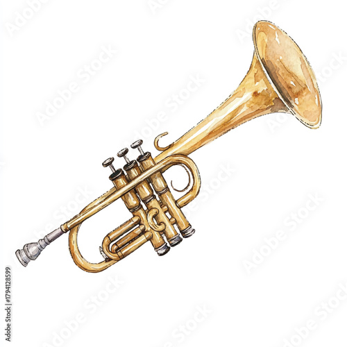 Golden trumpet musical instrument isolated on white background.