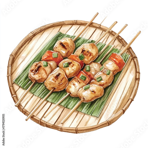 Grilled chicken and vegetable skewers on a woven bamboo plate.