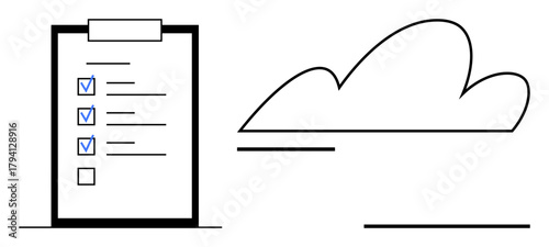 Clipboard checklist with marked tasks and abstract cloud shape symbolizing task management, organization, cloud storage, productivity, collaboration, digital tools, seamless connection. Minimal
