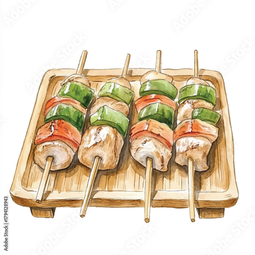 Grilled chicken and vegetable skewers on wooden tray.