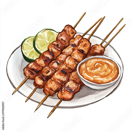 Grilled Chicken Satay Skewers with Peanut Sauce and Lime.