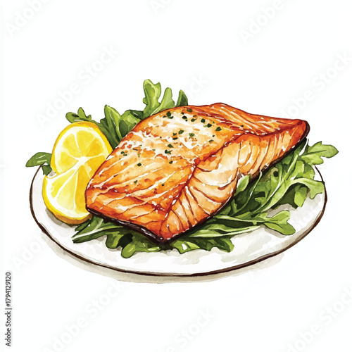 Grilled Salmon Fillet with Lemon and Greens Illustration.