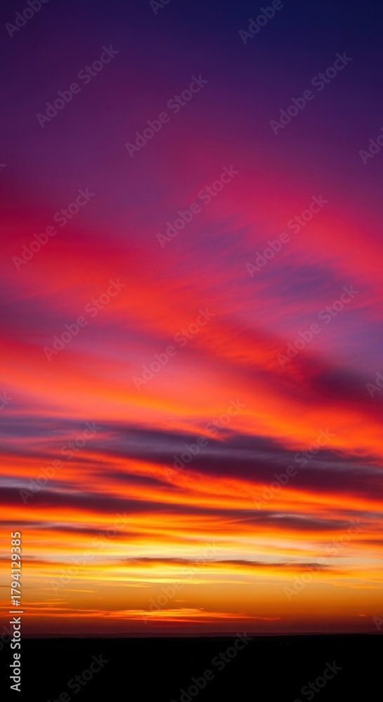 Fototapeta premium Vibrant twilight spectacle featuring intensely colored clouds stretching across a vast, fiery horizon line at dusk, Sunset, dramatic, beam
