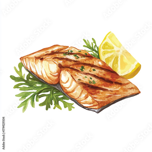 Grilled Salmon with Lemon and Herbs Watercolor Illustration.