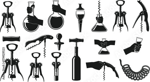 Collection of wine corkscrews, bottle openers, and hands holding glassware in black silhouette style for bar vector illustration