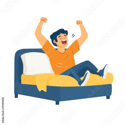Happy man waking up in bed feeling excited.