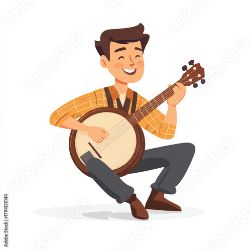 Happy man playing banjo sitting on floor.