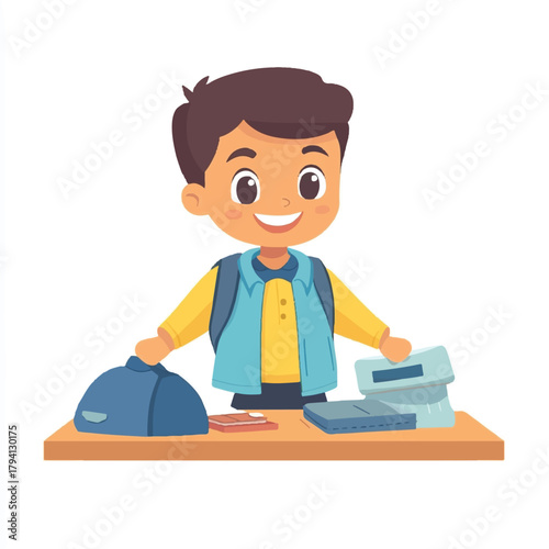 Happy schoolboy with backpack and school supplies on desk