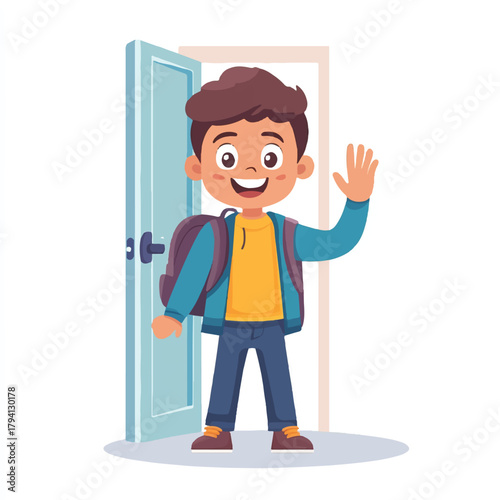  Happy schoolboy waving goodbye with backpack