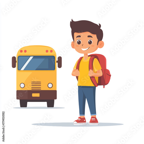  Happy schoolboy with backpack standing near a yellow school bus