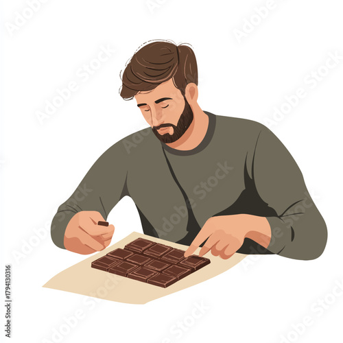 Man carefully examines a chocolate bar with focused attention and precision