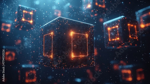 Floating orange-glowing cubes in a dark space, speckled with lights