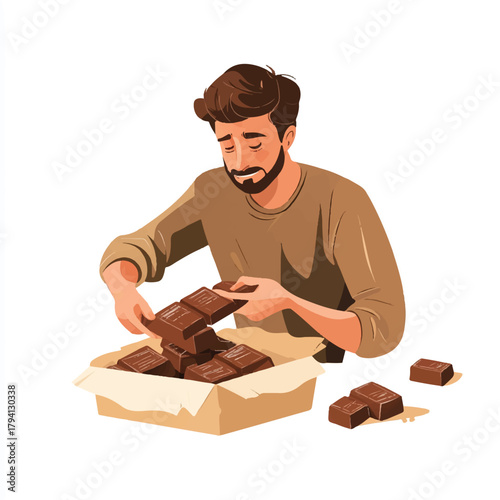 Man carefully arranging chocolate bars in a box