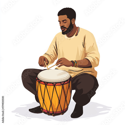 Man deeply engrossed in playing a traditional African drum.
