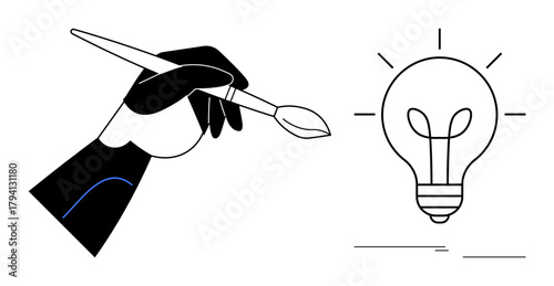 Hand holding paintbrush aimed at glowing lightbulb, symbolizing idea generation and creativity. Ideal for design, art, inspiration, innovation, solution, imagination and education themes. Simple