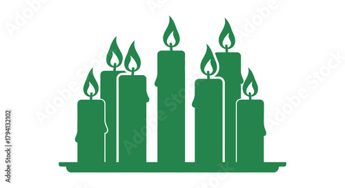 A cluster of seven tall green candles with flickering flames on a dark green base