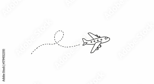Minimalist line art illustration of a flying airplane with a looping trajectory. An isolated vector icon symbolizing a whimsical air travel journey or vacation