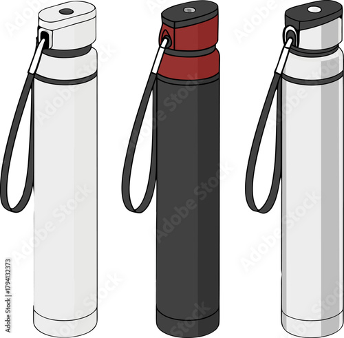 Set of eco-friendly reusable metal water bottles in four colors: white, black, red, and silver steel, for sustainable use.