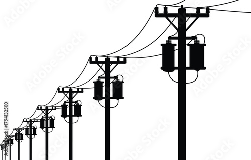 Electric utility poles with distribution transformers, overhead power lines perspective, rural electricity network infrastructure silhouette, grid reliability and energy supply vector illustration.