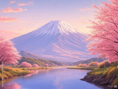 Fuji mountain landscape with lake and cherry blossom trees