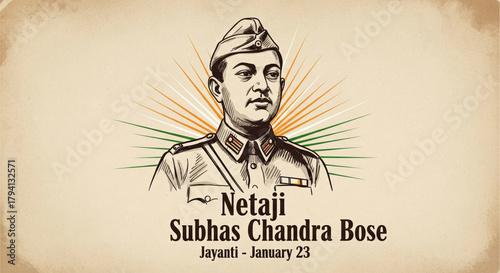 Illustration of Netaji Subhas Chandra Bose on a textured background with Indian flag colors Indian freedom fighter