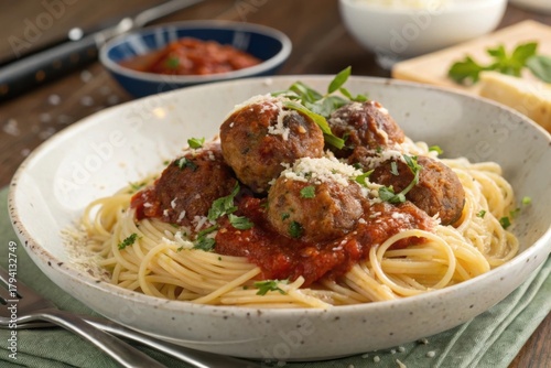 Spaghetti and meatballs on ceramic plate